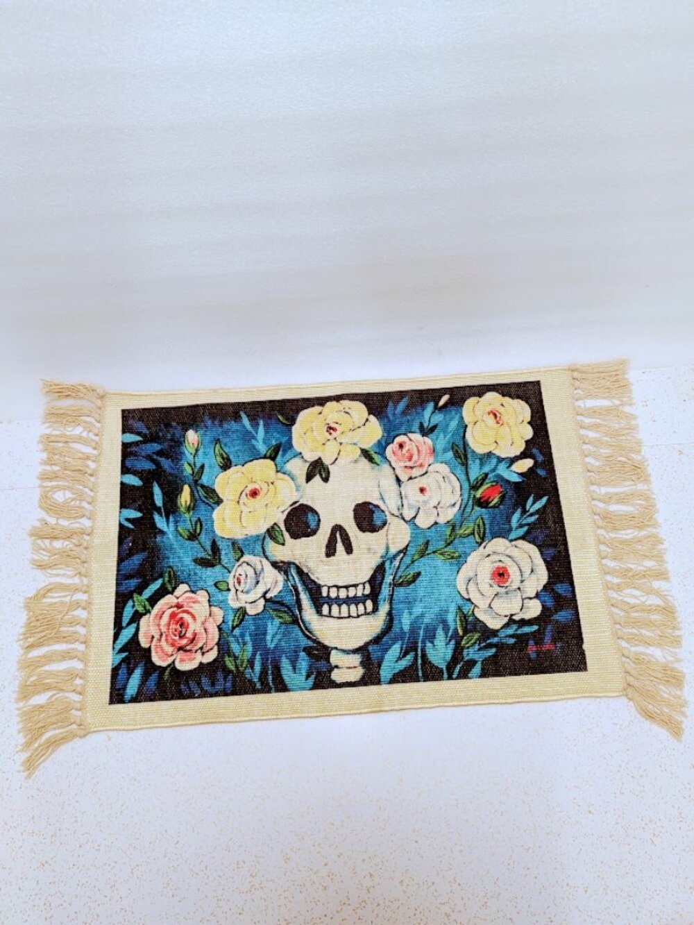 Day of the Dead Sugar Skull Printed Table Mat Placemat Fringed Boho Halloween